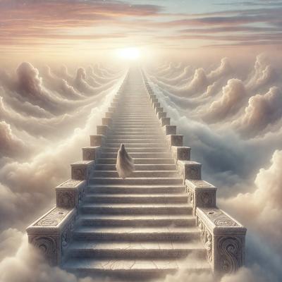 The primary subject of the image is a person, likely a woman, standing on a staircase in a cloudy, ethereal environment. The setting appears to be a celestial or otherworldly space, with the staircase leading to a higher level. The visual style of the image is digital art, which adds to the surreal and dreamlike atmosphere. The colors in the image are predominantly white and gray, with the clouds and staircase providing a sense of depth and dimension. The overall mood of the image is one of mystery, wonder, and awe.